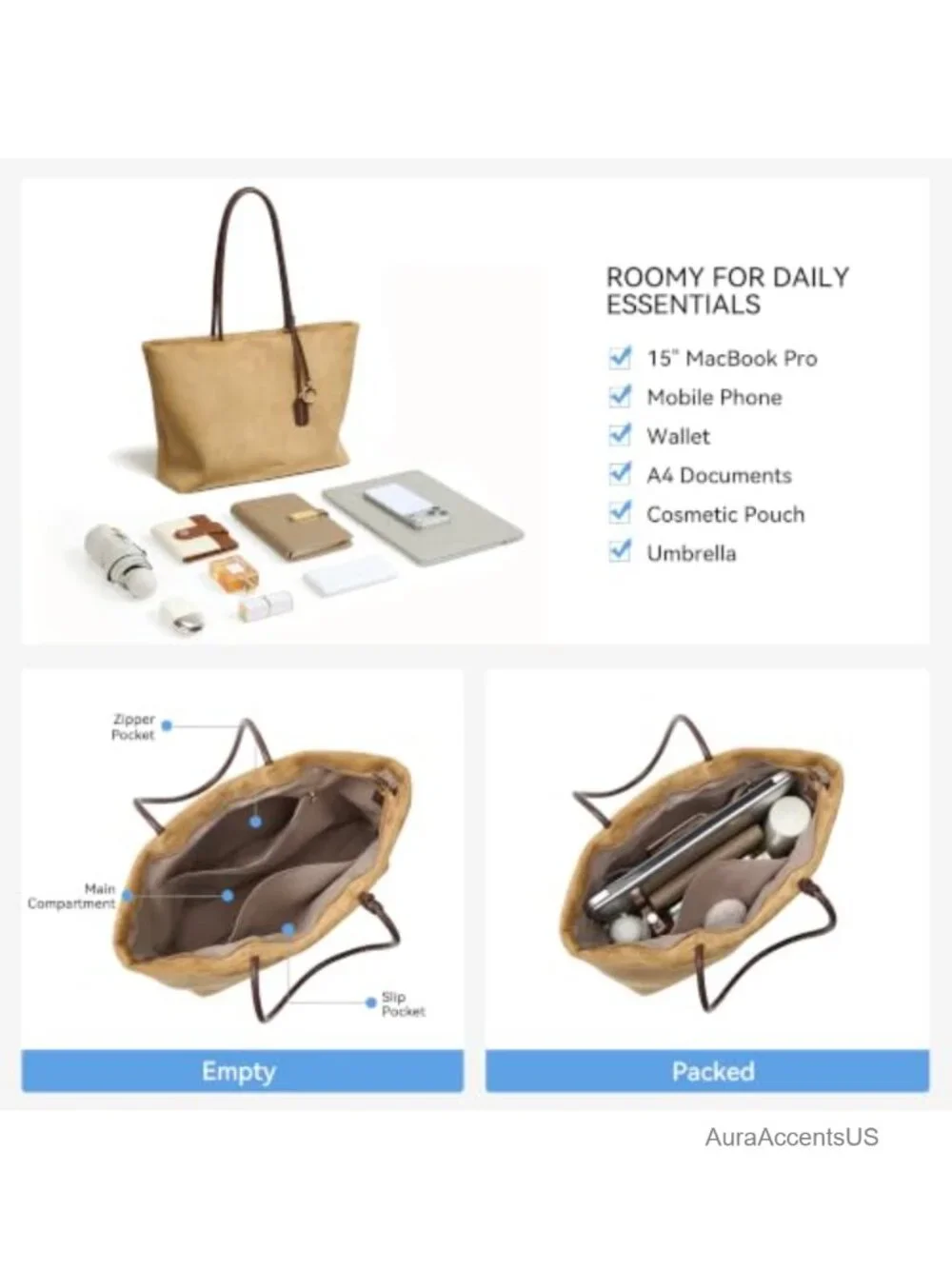 Faux Suede Slouchy Work Tote Bag Large Lightweight Handbag for Women